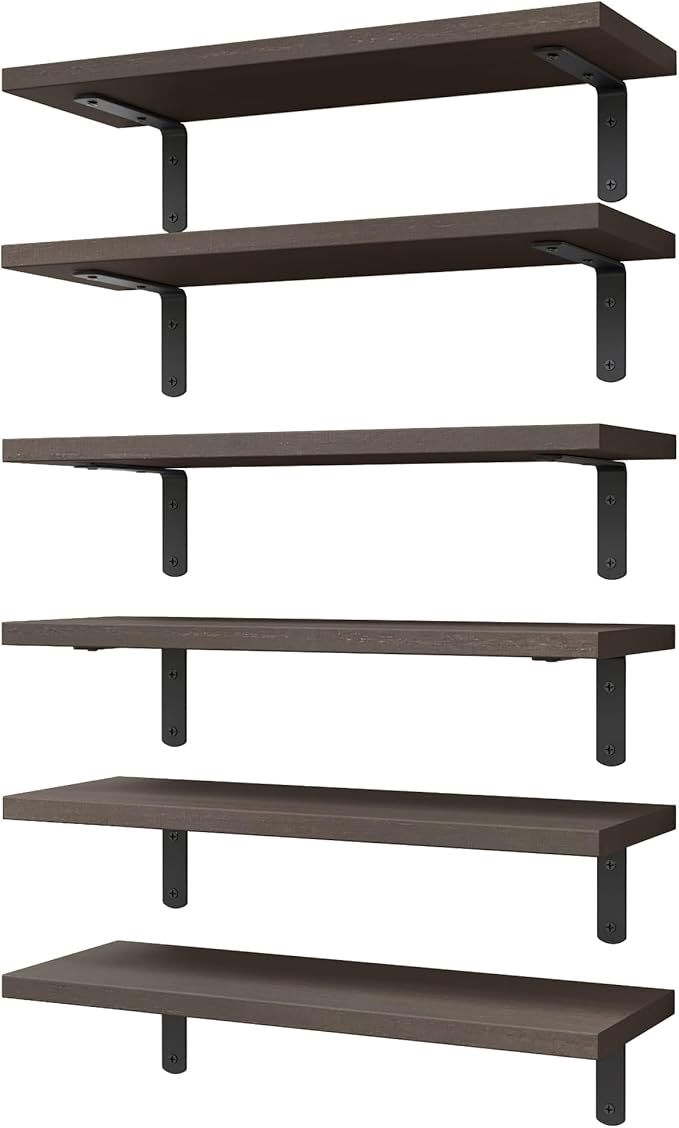 WOPITUES Floating Shelves Set of 6, Wood Wall Mounted, Rustic Farmhouse Shelf for Decor, Bathroom, Book Shelves for Living Room - Dark Brown, HM011A