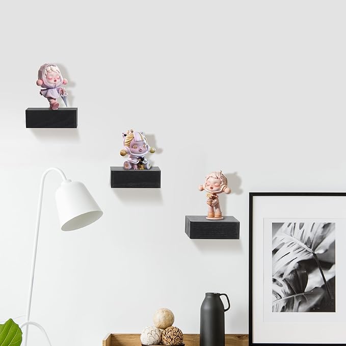 Small Floating Shelf,Set of 3 Display Ledges for Wall,Mini Shelves,Rustic Wood Shelf for Bedroom Living Room Bathroom Kitchen (5 Inch, Black)