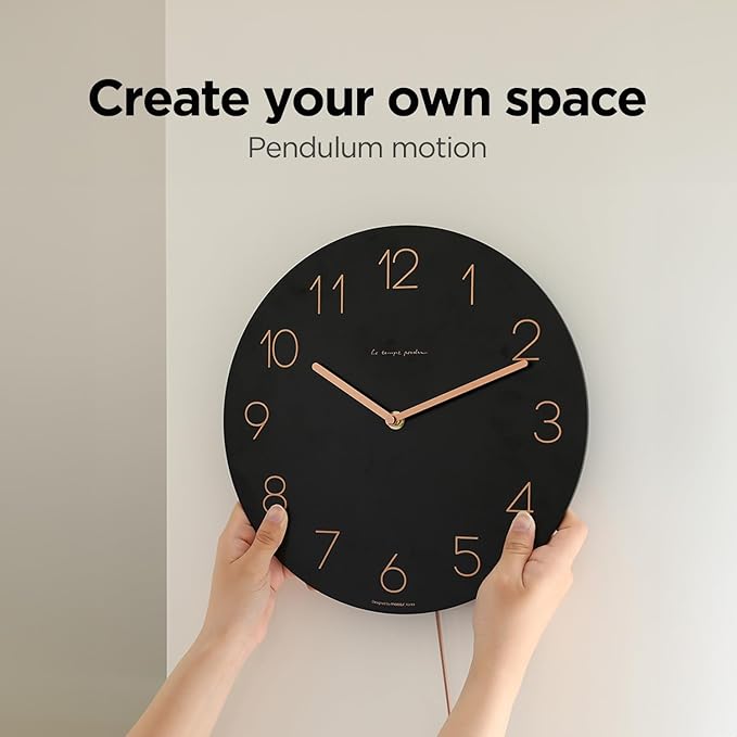 mooas Flatwood Wall Clock Pendulum Black,12" Wood Wall Clock Non-Ticking Sweep Movement Decorative Clock Battery Operated Clock for Home Living Room Kitchen Bedroom Office School