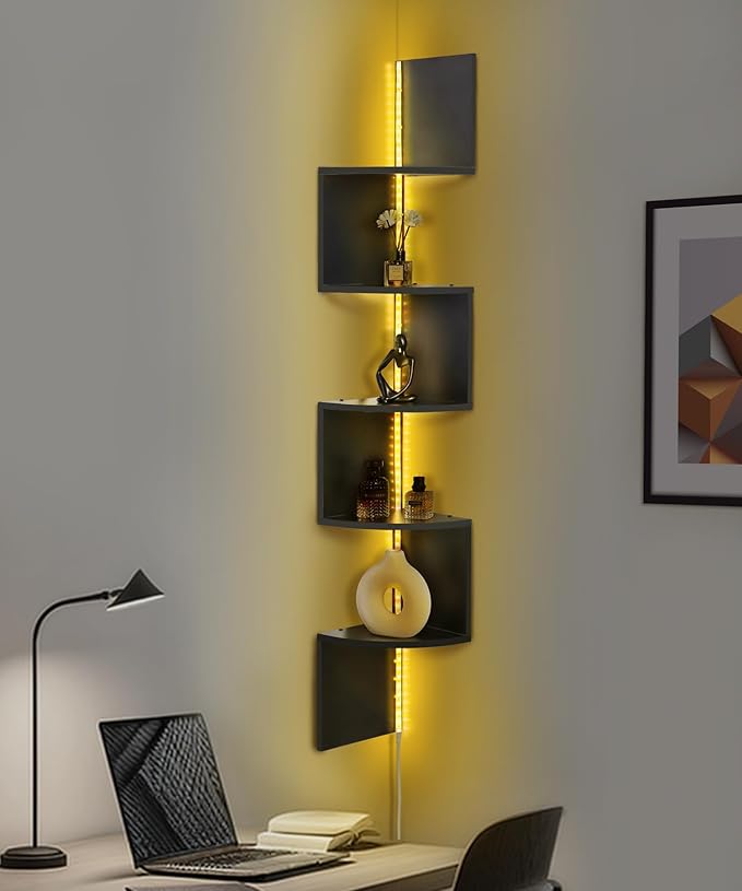 5 Tiers Corner Shelf with RGB LED Lights, 49.2" Wall Mount Floating Corner Display Shelf for Living Room Bedroom Home Office Decor, APP & Remote Control (Black)