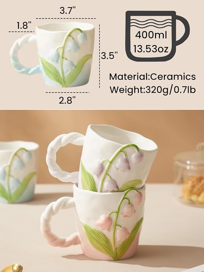 2024 Ceramic Coffe Mug with Handle, 12.85oz Cute Spring Flower Floral Handmade Figurine Mugs, Holiday and Birthday Gift for Coffee Milk Tea Lovers,Cups,Large Capacity (Blue)