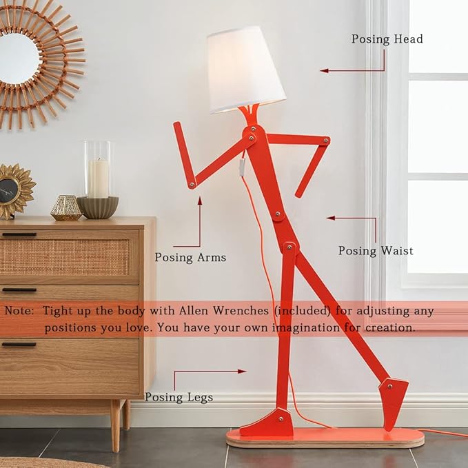 Cool Tall Floor Lamp for Bedroom & Living Room - Unique Corner Decorative Reading Wood Standing Light Creative Swing Arm Design for Farmhouse Dorn Gift Idea - Oran Orange Bulb Included