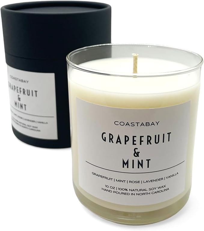 Mint and Grapefruit Candle | Summer Citrus Candles, Handmade in USA, All Natural Organic 100% Soy Jar Candles, Long Lasting 50+ Hour Burn, 10oz