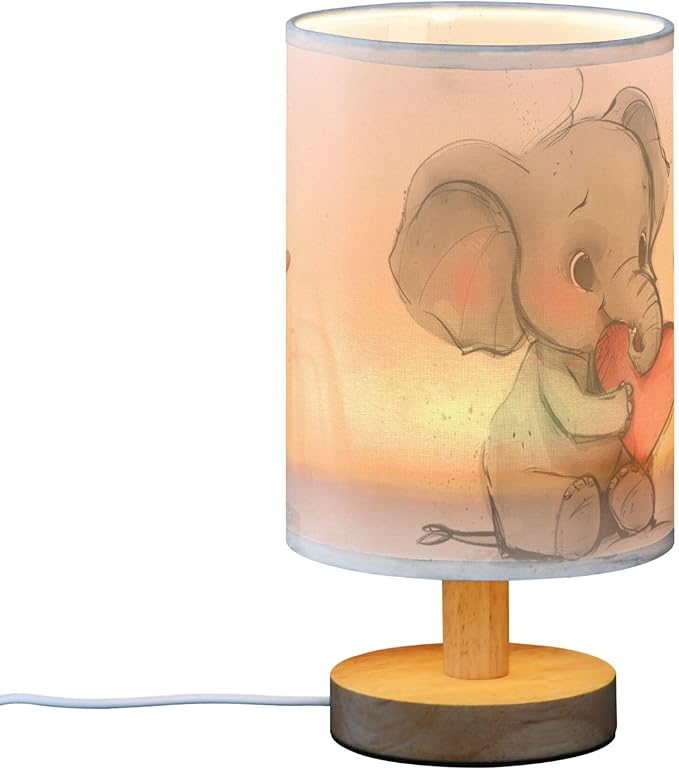 Table Lamp Elephant Love Heart Nightstand Lamp with Wood Base Fabric Lamp Shade Bedside Desk Lamp for Living Room Bedroom Kids Room Office