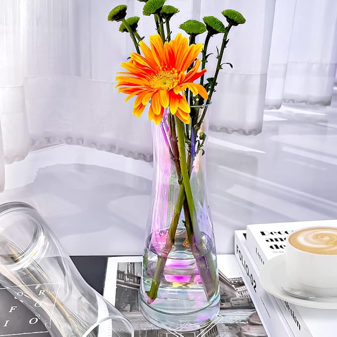Aoderun Flower Vase for Decor 10" Clear Glass Vase for Centerpieces Large Vases for Flowers Dried Flower Home Decor Living Room Kitchen Office Wedding(Iridescent Clear)