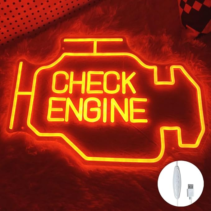 Large Neon Sign,Check Engine Light Neon Signs for Wall Decor,LED Neon Sign for Auto Repair Shop Garage Room Man Cave with Dimmable Switch,USB Powered,Auto Repair Shop Workshop,Birthday or Party Gift (19x14in)