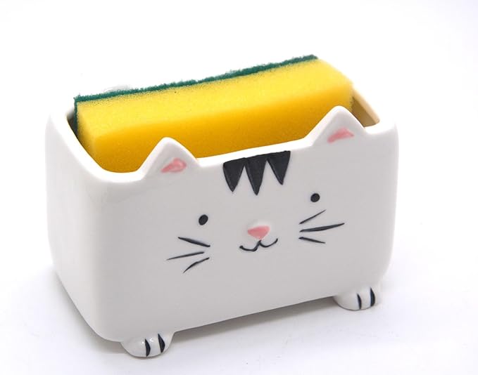Cat Sponge Holder - Cute Kitchen Accessories and Home Decor - Ceramic Holder for Women - Ideal Birthday and Valentine's Day Gift