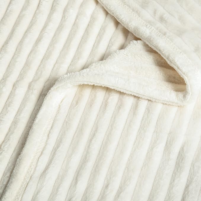 Vessia Flannel Fleece Throw Blanket for Couch,Sofa,Bed, 300GSM Microfiber Cream Striped Chair Blanket for Adults and Kids, Super Soft Warm Cozy Lightweight Ivory Ribbed Throw for All-Season