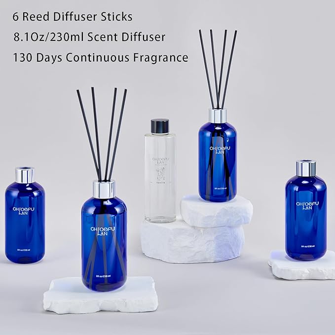 Chloefu Lan Lavender & Eucalyptus Reéd Diffuser,8.1 oz Natural Essential Scented Oil with Diffuser Sticks,Blue Jar, Living Room Decor, Diffuser Oil Gift Set