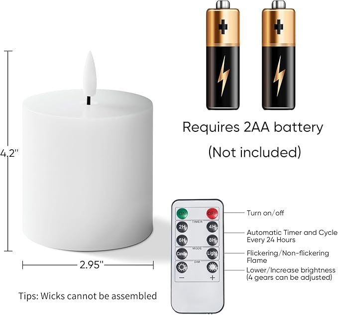Homemory White Flameless Candles Battery Operated with Remote Timer, 3x3 Real Wax LED Pillar Candle for Home Fireplace Bedroom Living Room Party, Set of 2