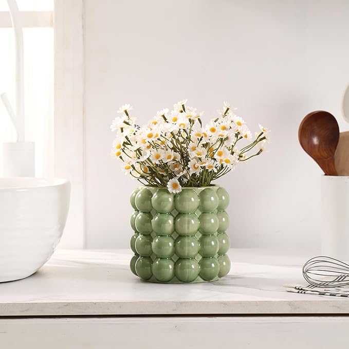 Bubble Vase, Small Vase, Green Ceramic Vase, Short Vase, Ceramic Flower Vase, Unique Vase Home Decor, Decorative Vase for Flowers, Living Room, Bedroom, Office, Shelf, Coffee Table, 5 Inches
