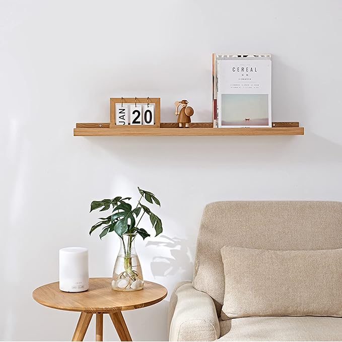Long Floating Shelf 36 Inch Natural Wood Shelves, Rustic Display Books Picture Ledge Shelf for Wall Mounted, Natural Solid Oak Wood Shelf, Easy to Install, Natural Color, 36 *4 *1.5 (1 Pack)
