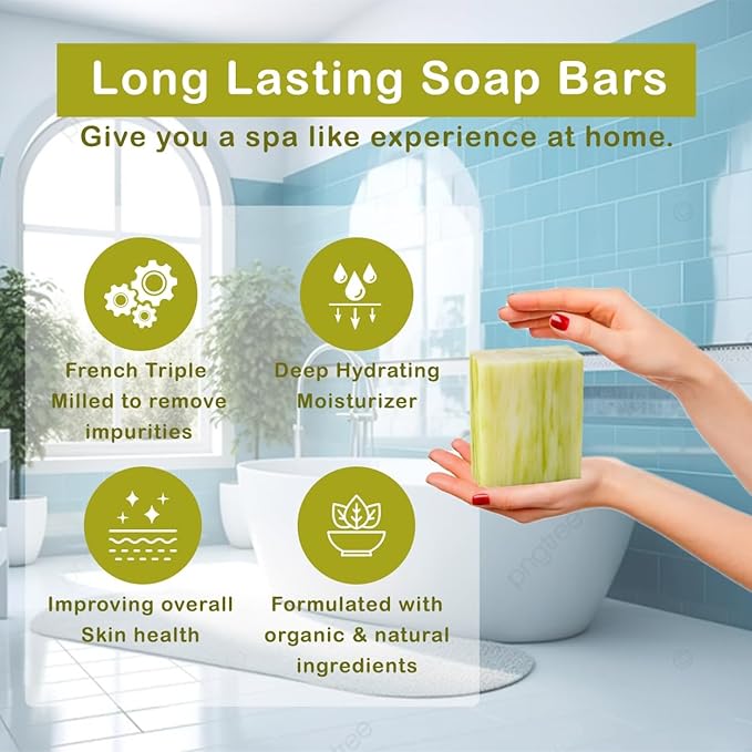 Lemongrass Scented Natural Soap Bars (5 Bars), 3.5oz Moisturizing French Triple Milled Soap Bars Enriched with Shea Butter - Pure Plant Oil Bath & Body