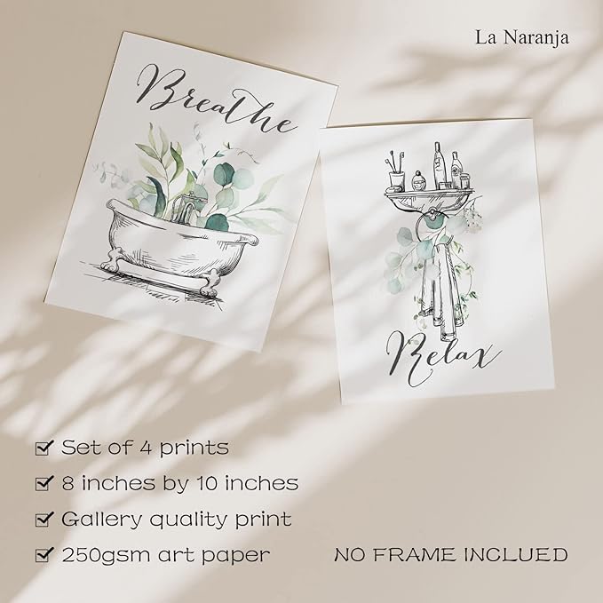 La Naranja Black and White Bathroom Wall Art Greenery Decor Minimalist Botanical Prints Modern Boho Eucalyptus Posters Relax Soak Unwind Breathe Sign, Set of 4 Pictures, 8''x10'', UNFRAMED