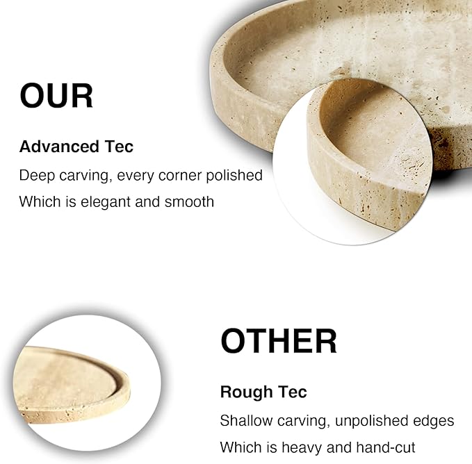 Travertine Marble Vanity Tray, Round Ottoman Tray Minimalist Modern Decorative & Fruit Serving Plate for Bathroom, Kitchen, Nightstand, Coffee Table Decor, Jewelry Ring Dish Holder, Beige