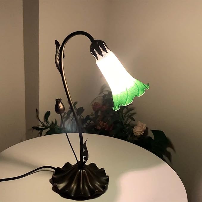 Bieye L10855 Lily Flower Blown Glass Accent Table Lamp for Living Room Bedroom Decoration (1-Light, Green)