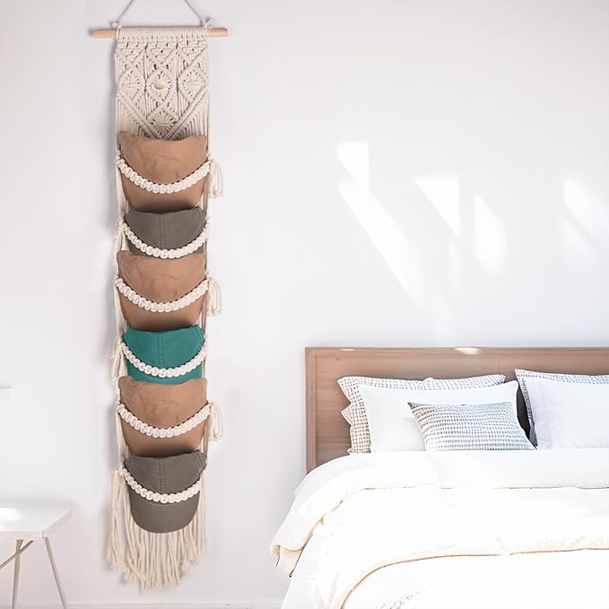 2PCS Macrame Cap Holders Boho Hat Hangers Over Door Ball Cap Rack Organizer Decorative Bohemian Handmade Woven Wall Hanging for Baseball Cap Display Decoration (Ivory, Up to 24 Caps)