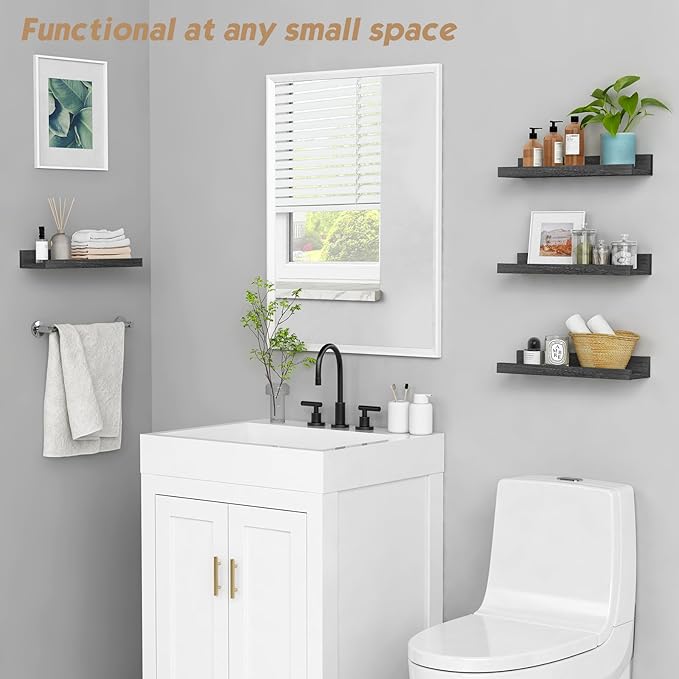 Forbena Corner Floating Shelves for Wall with Lip Set of 4, Black Small Wood Picture Ledge Shelf for Living Room Bedroom Bathroom Nursery Books, Repisas Flotantes de Pared para Cuarto Sala Baño Negro