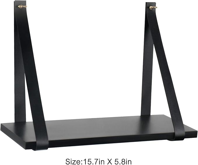 Leather Strap Wood Floating Wall Shelf Wooden Shleves Wall Organizer Wall Mount Shelf Home Decor Kitchen Living Room Bedroom(Black Set of 1)