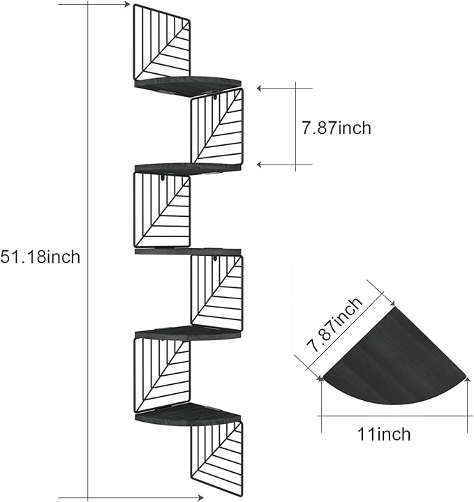 Love-KANKEI Corner Shelf Wall Mount of 5 Tier Rustic Wood Floating Shelves Wall Shelves for Bedroom Living Room Bathroom Kitchen Office and More Black