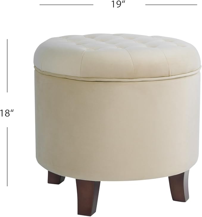Homepop Home Decor | Upholstered Round Velvet Tufted Foot Rest Ottoman | Ottoman with Storage for Living Room & Bedroom | Decorative Home Furniture, Cream Small