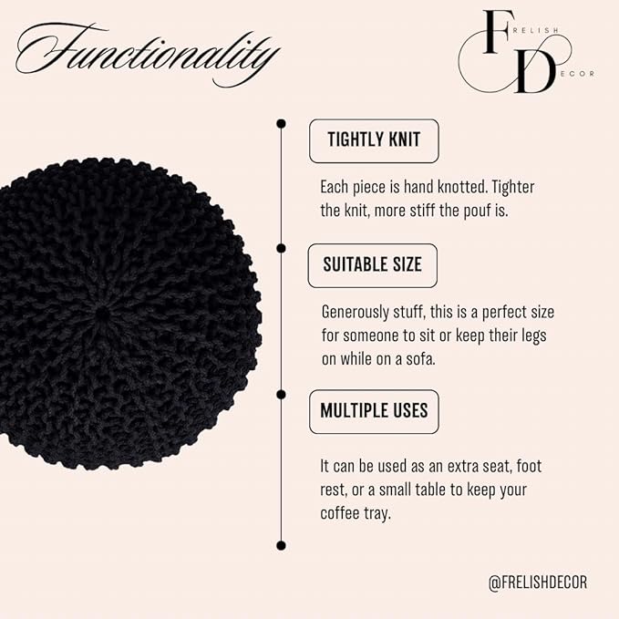 FRELISH DECOR Round Pouf Ottoman Hand Knitted 100% Cotton Pouf Foot Stool - Knitted Bean Bag - Floor Chair for Living Room Bedroom - Foot Rest for Couch (20 Diameter x 14 Height) - Black