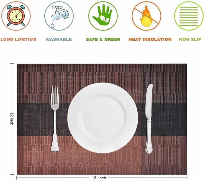 GIVERARE Placemats Set of 4, Heat-Resistant Woven Vinyl Placemat, Non-Slip Washable PVC Table Mat, Easy to Clean Premium Plastic Mats for Dining, Kitchen Table (Black+Brown)