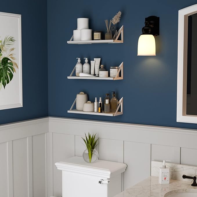Wallniture Minori Washed White Floating Shelves for Wall Storage, Bathroom Shelves Over The Toilet Storage, Wood Wall Shelf Set of 3 with White Brackets
