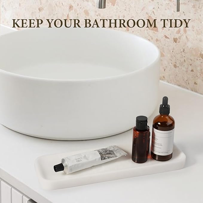 Koville Marble Tray for Bathroom Sink, 12"x4" Natural Stone Vanity Tray for Kitchen Dresser Countertop, Rectangular Decorative Marble Trays for Jewelry Perfume Trinket(White)