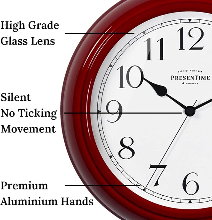Presentime & Co Chic Home Collection 10" Molly Clock, Silent No Ticking, Red Color. Modern Decorative Wall Clock for Kitchen, Kid's Room, Bathroom, Bedroom, and Office
