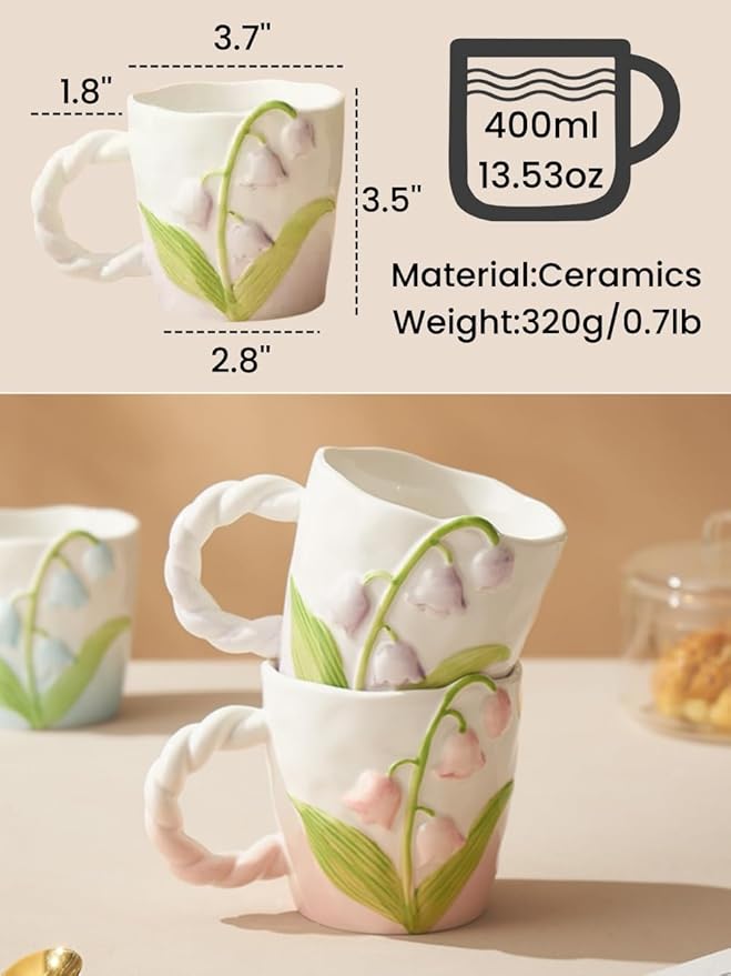 2024 Ceramic Coffe Mug with Handle, 12.85oz Cute Spring Flower Floral Handmade Figurine Mugs, Holiday and Birthday Gift for Coffee Milk Tea Lovers,Cups,Large Capacity (Purple)