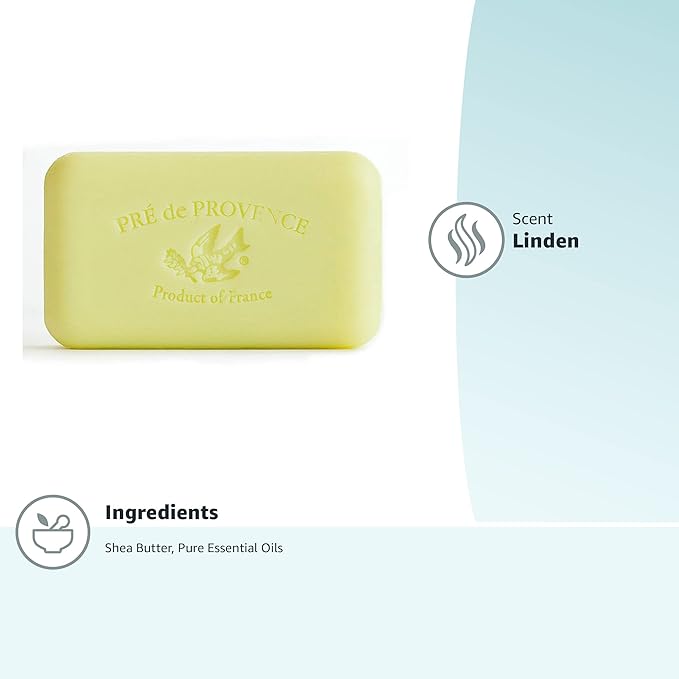 Pre de Provence Artisanal Soap Bar, Natural French Skincare, Enriched with Organic Shea Butter, Quad Milled for Rich, Smooth & Moisturizing Lather, Linden, 5.3 Ounce