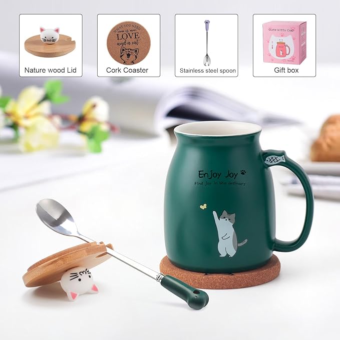 Cute Cat Cup Ceramic Coffee Mug with Kawaii Cat Wooden Lid, Lovely Stainless Steel Spoon, Anime Kitty Thicken Wooden Coaster, Christmas Birthday Cute Thing Japanese Mug 16oz (Green)