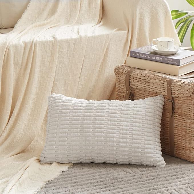 Fancy Homi 4 Packs Pure White Decorative Throw Pillow Covers 16x24 Inch for Living Room Couch Bed, Rustic Modern Farmhouse Boho Home Decor, Soft Plush Corduroy Cute Accent Square Cushion Case 40x60 cm