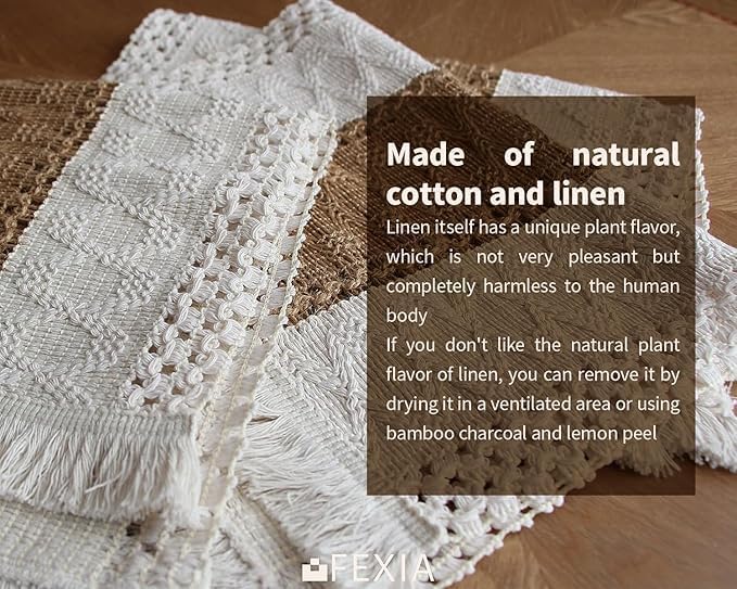 FEXIA Boho Placemats Set of 6, Macrame Table Decor Farmhouse Style Placemats in Natural Cotton Burlap, for Kitchen and Dining Table Centerpiece Home Decorations(Beige & Brown)