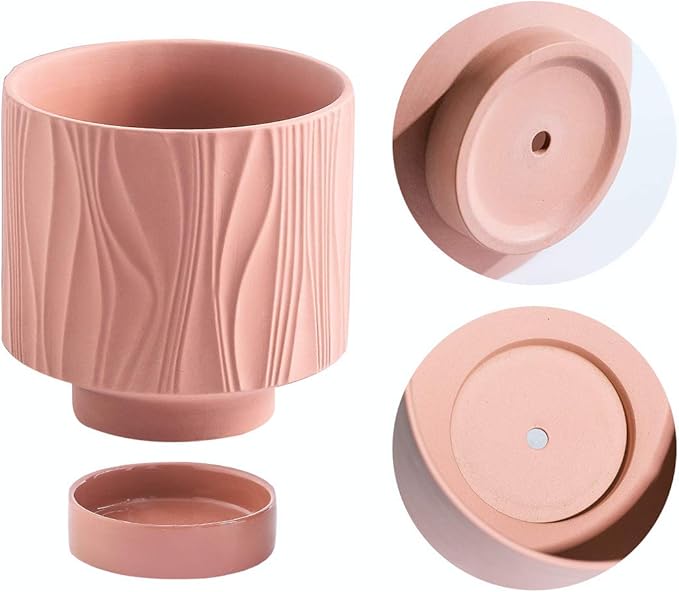 UBEE Plant Pots Indoor-5.5 inch Ceramic Flower Pot Succulent Pot with Drainage Hole and Ceramic Tray-Water Ripple for Gardening Home Desktop Office-Plants NOT Included(Ochre/Terracotta)
