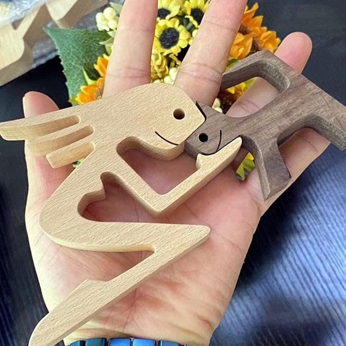 Handmade Wooden Unique Gift for Dog Lover, Wooden Woman and Dog Carving Statue, Wood Sculpture Home Office Tabletop Figurine Carved Wood Decor (E)
