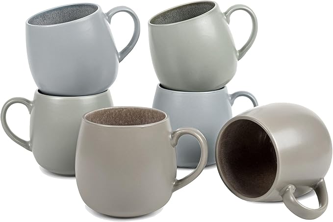 Ceramic Coffee Mugs Set of 6, 14oz - Modern Scandinavian Aesthetic Cup - Microwavable Stoneware Coffee Cups with Comfortable Handle - Tea Mug Set for Latte, Cappuccino, Soup - Mixed Neutrals