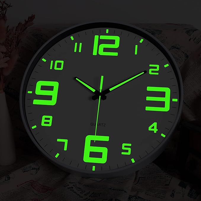 JoFomp Modern Night Light Wall Clock, 12 inch Silent Non-Ticking Clock with Glow in The Dark Function, Battery Operate Lighted Wall Clock for Living Room Kitchen Bedroom Decor (White)