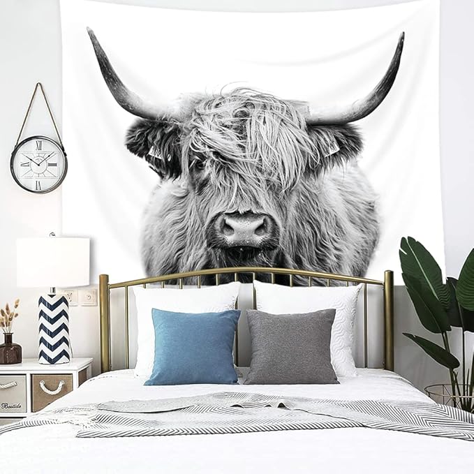 AMBZEK Bull Tapestry 51Hx59W Inch Western Wall Decor Highland Cow Wall Art Cattle Farmhouse Farm Animal Wildlife Rustic Country Funny Cute Milk Wall Hanging Bedroom Living Room Dorm Decor Fabric