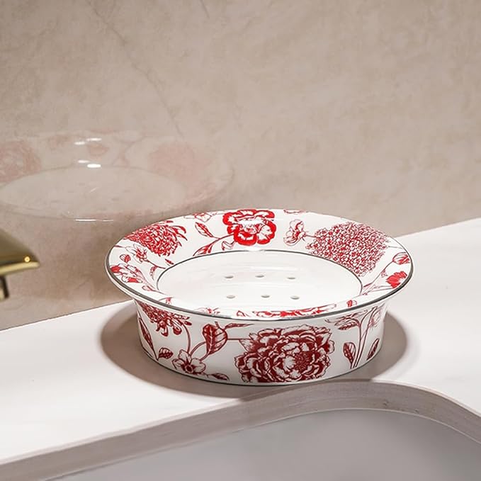 Floral Decorative Self Draining Soap Dish, Double-Layer Round Soap Tray, Vintage Ceramic Soap Dish (Style C)