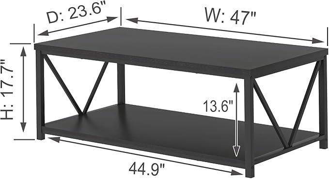 EXCEFUR Black Coffee Table, Modern Wood and Metal Living Room Table with Storage Shelf, 47 Inch