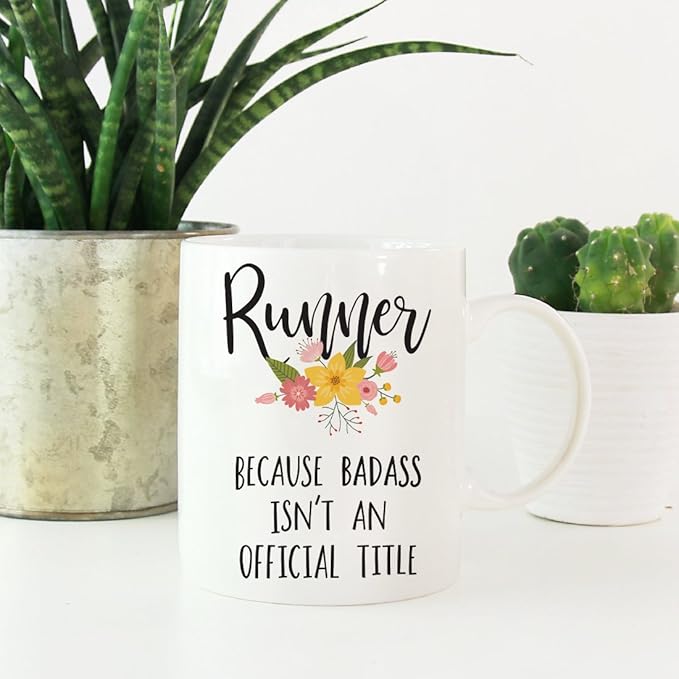 Andaz Press 11oz. Coffee Mug Gag Gift, Runner Because Badass Isn't an Official Title, Floral Graphic, 1-Pack