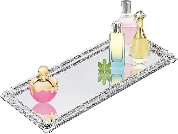 Mirrored Vanity Tray, Crushed Diamond Filled Crystal Glass Cosmetic Makeup Tray, Sparkle Perfume Jewelry Trinket Countertop Decorative Tray, for Home Party Hotel Dresser Bathroom Bedroom, Silver