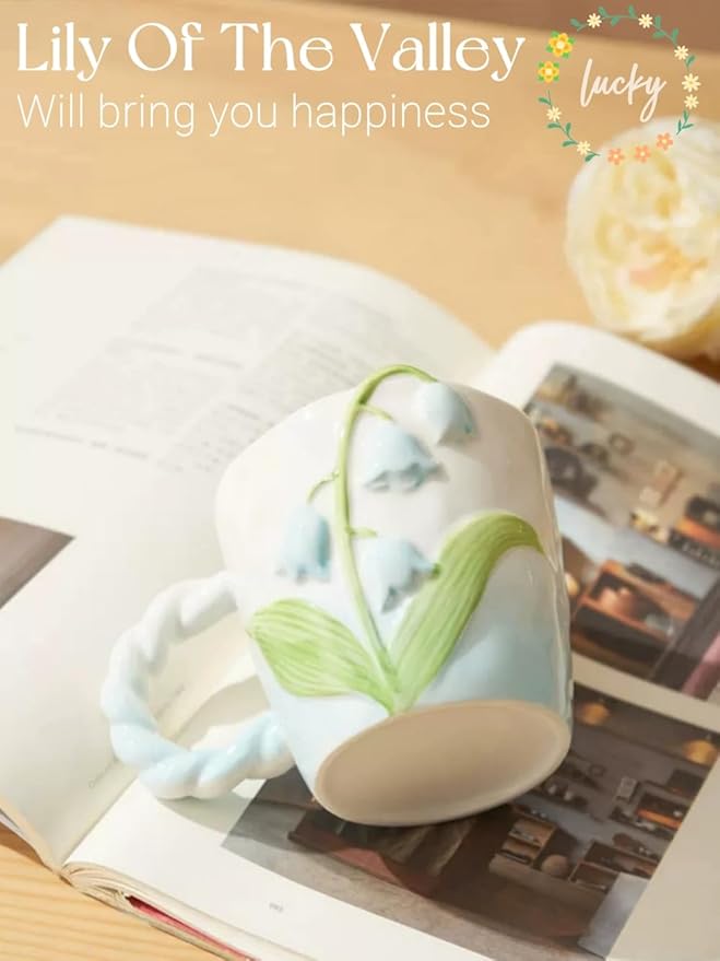 2024 Ceramic Coffe Mug with Handle, 12.85oz Cute Spring Flower Floral Handmade Figurine Mugs, Holiday and Birthday Gift for Coffee Milk Tea Lovers,Cups,Large Capacity (Blue)