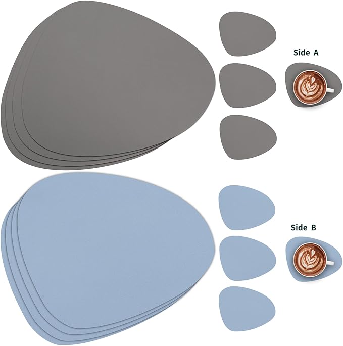 Myir JUN Placemats, Dual-Sided Placemats Waterproof Faux Leather Placemats Set of 6 Place Mats and Coasters Non-Slip Washable Table Mats for Dining Table (Gray Sky Blue, Set of 4)