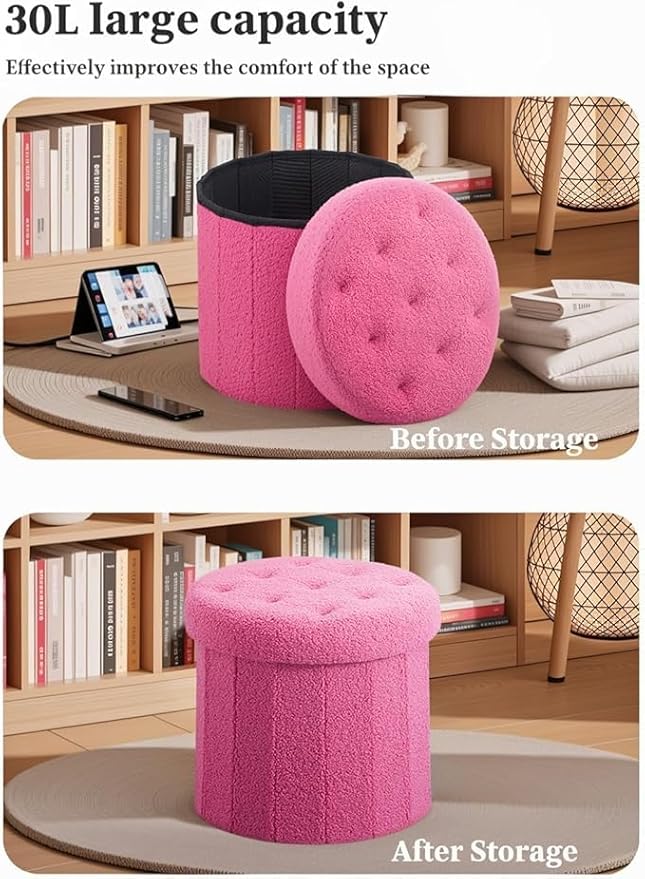 Ottoman with Storage, Foot Rest Stool with Thicker Foam Padded Seat Teddy Velvet Small Round 14“ x 14” x 13 "Inchs Storage Ottoman Bench for Living Room Foldable Pouf Coffee Table 2 Pack, Pink
