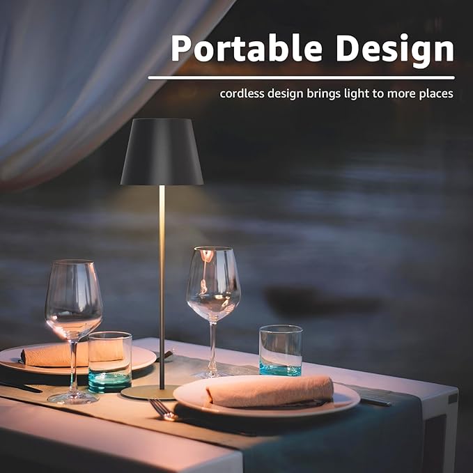 uuffoo 2 Pack Cordless Rechargeable Table Lamps, 5200mAh Battery Powered Outdoor Table Lamps with 3 Colors Stepless Dimming, Desk Night Light for Restaurant, Patio, Bedroom, Bar (Black)