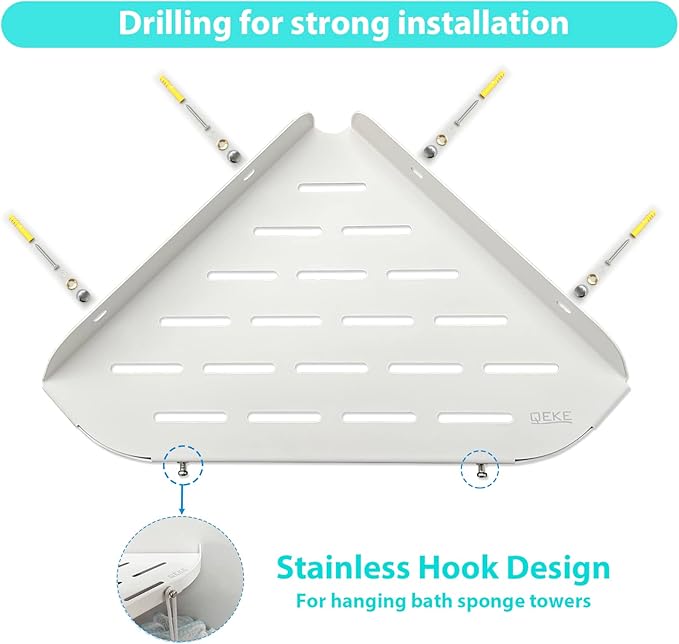 Bathroom Corner Shelf, 9" Shower Shelf Caddy, SUS304 Stainless Steel Shelf Wall Mount Corner Shelf with 2 Hooks, Matte White