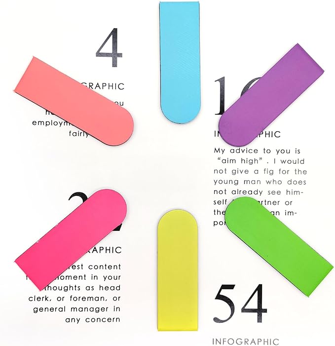 BlingKingdom 6pcs Magnetic Bookmark Cute Solid Colorful Page Marker Clip 6 Colors Book Marker Clip for Book Lovers, Teachers, Students, Printing on 2 Side